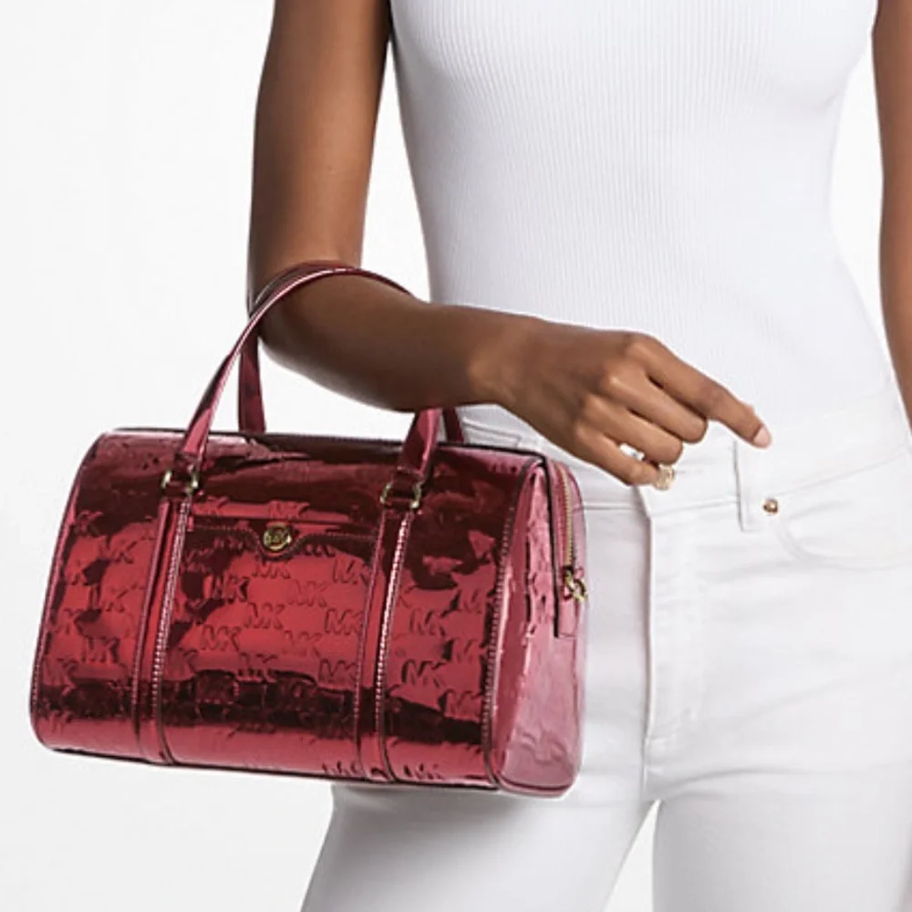 MICHAEL KORS Jet Set Medium Metallic Logo Debossed Satchel Duffle Duffel Cherry